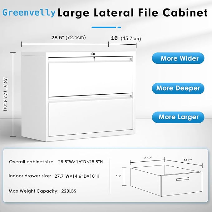 Pataku Lateral File Cabinet, 2 Drawer File Cabinet with Lock, White Filing Cabinets for Home Office, Metal File Cabinet for Hanging Files/Letters/Legal/A4(2Drawer/White)