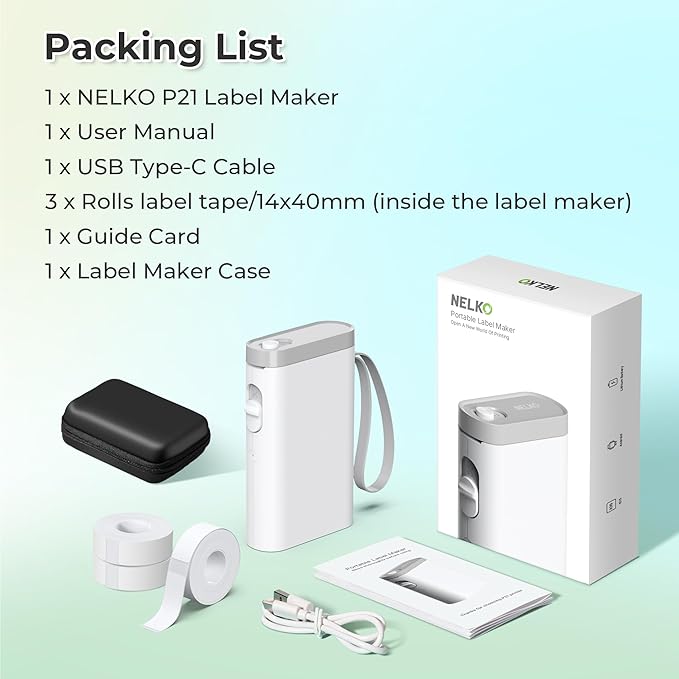Nelko Label Maker Machine with Tape, P21 Bluetooth Label Printer with 3 Tapes & Case, Wireless Mini Label Makers with Multiple Templates Icon Font Custom for School Office Home, White