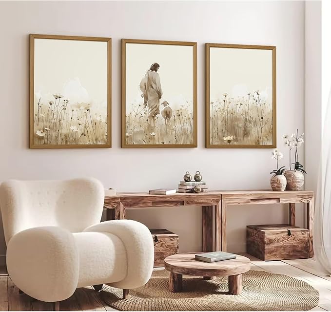 Jesus Leaves the 99 Sheep Wall Art Christian Canvas Poster Jesus and Lamb Wall Decor Religious Pictures Lost Sheep Painting God Christ Painting Artwork for Bedroom Living Room 16x24x3 Inch Wood Framed