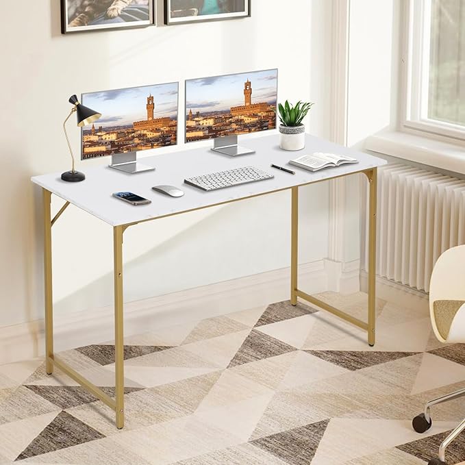 Computer Desk 47 Inch Study Writing Table, Home Office Desk with Metal Frame, Modern Gaming Desk for Office, Study and Game,Gold