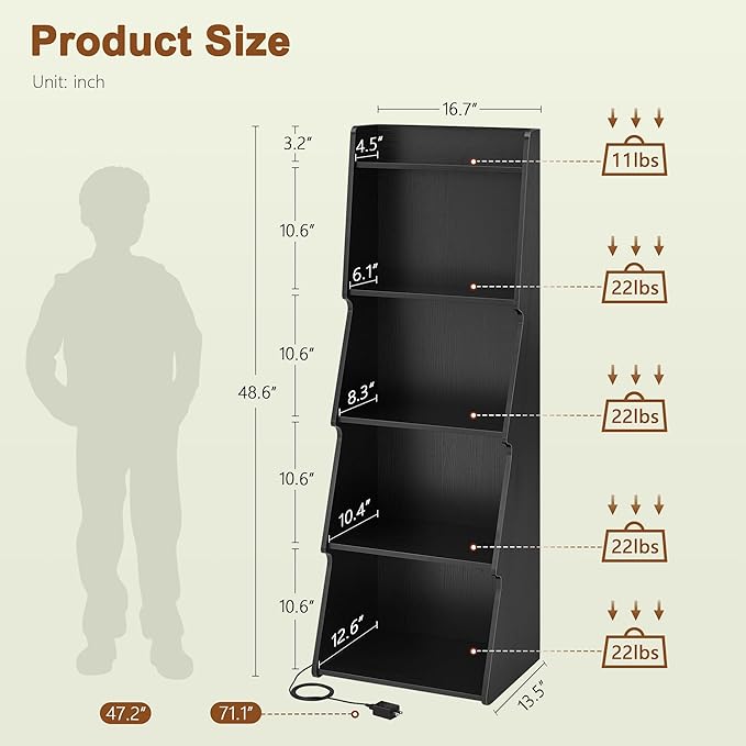 Hoctieon 5-Tier Open Bookcase and Bookshelf with LED Light, Floor Standing Display Storage Shelves, Wood Modern Display Organizer for Home Office, Living Room, Bedroom, Study, Black