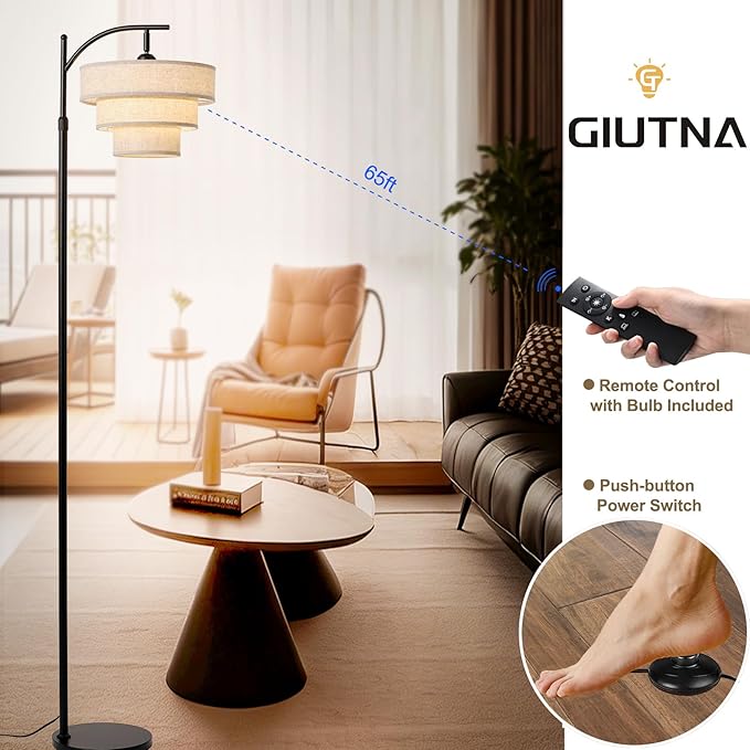 Dimmable Floor Lamp with Remote Control,Arc Fabric Tall Floor Lamp with 3-Color Temperatures Remote & Dimmable 9W Bulb,Standing Lamp with Fabric Shade for Living Room Bedroom Dining Room Hotel