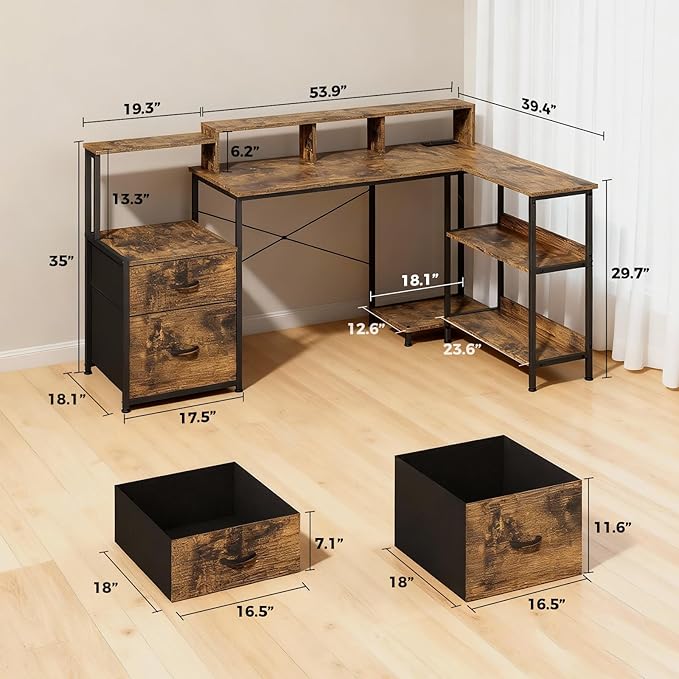GTPLAYER 73" L Shaped Gaming Desk, Reversible Computer Desk with Power Outlets & LED Lights, Home Office Corner Desk with Storage Shelves, Monitor Stand, and Tower Space, Rustic Brown