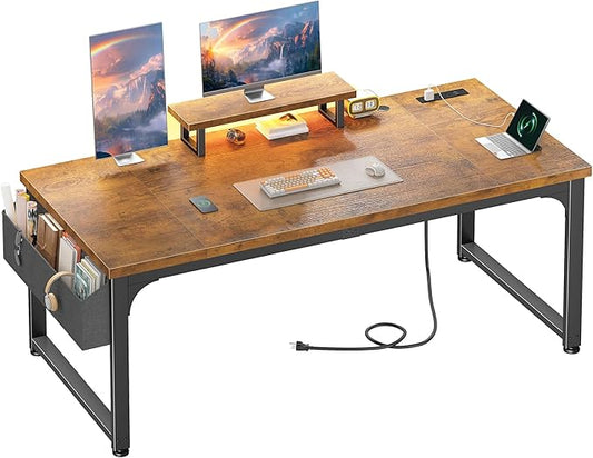 63 Inch Desk with Power Outlets,No Wobble Computer Desk with 0.95 Inch Thicker Desktop & Storage Bag & Monitor Stand, Office Desk with Light, Writing Desk for Home,Study,Bedroom,Living,Brown