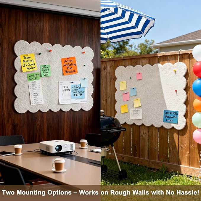 Hanging & Wall-Mounted Felt Bulletin Board with Scalloped Edges, Large Multi-Use Pin Board, Cork Board Alternative for Office, Includes Hanging Rope, Hardware, and Double-Sided Tape（35.4 * 23.6inch）