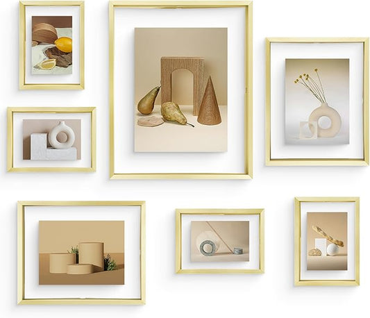 Frametory, Floating Picture Frames Set - Gold Metal Photo Frames - Real Glass - Displays One 11x14, Two 8x10, And Four 5x7 Inch Photos for Home Decoration