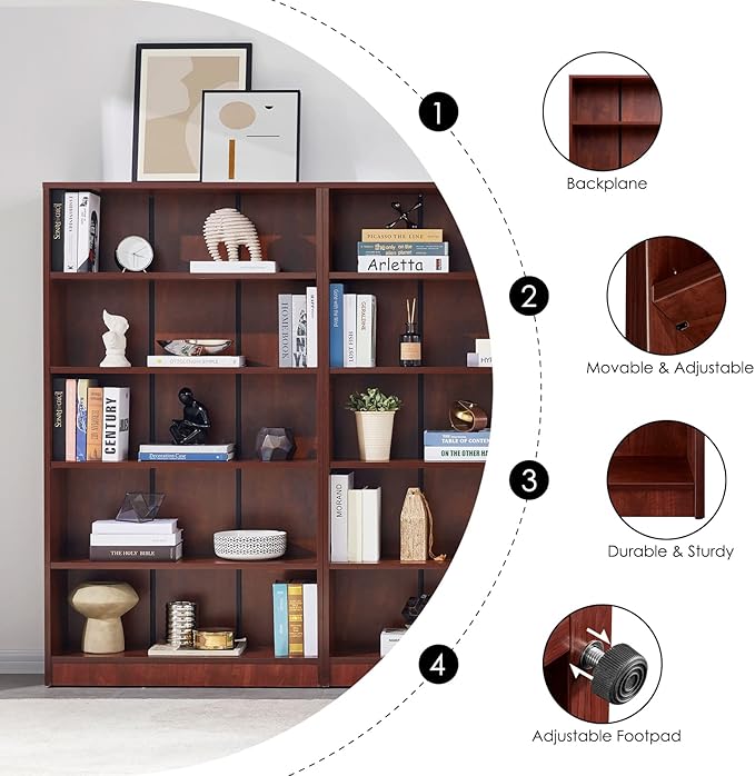 Farini Cherry Bookshelf for Bedroom 5 Shelf Office Bookcase 60 Inches Tall Modern Wood Bookshelf for Living Room 5 Tier Wide Manga Bookshelf Library Bookcase