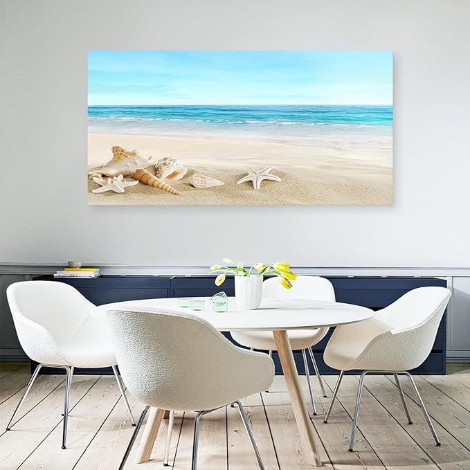 DZL Art S73998 Beach Picture Decor Ocean Painting Canvas Wall Art Prints of Starfish and Seashell on Sandy Seaside Ready to Hang for Living Room Bedroom Office Wall Decor Home Decoration