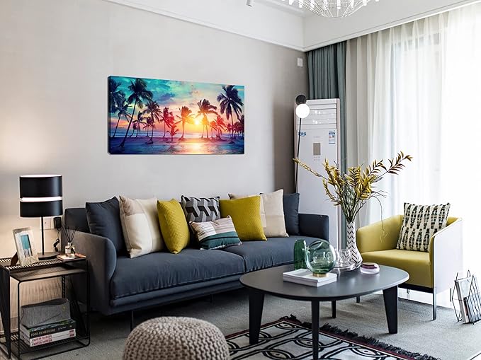 DZL Art S75575 Canvas Wall Art Palm Trees Silhouettes On Tropical Beach At Sunset Beach Seascape Painting Nature Pictures for Living Room Home Office Wall Decor Artwork