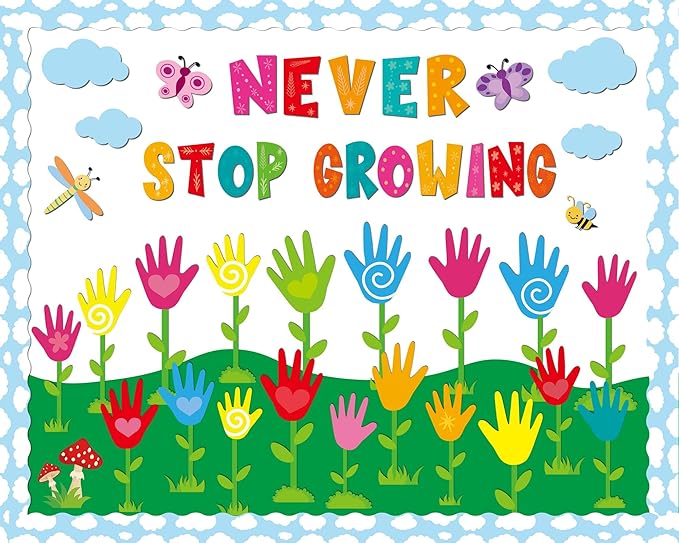 Spring Classroom Bulletin Board Decorations Never Stop Growing Bulletin Board Set Spring Theme Handprint Butterfly DIY Paper Cutouts for Teacher Classroom School Home Kindergarten Supplies