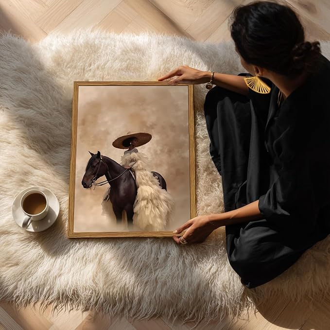 Framed Western Cowgirl Wall Art, Fashion Black Girl Riding Horse Canvas Wall Decor Painting, Black Woman African American Bride Pictures Prints Aesthetic Home Decor for Living Room Bedroom 16x24 inch