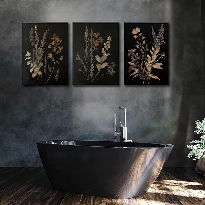 TUEASKY 3 Piece Floral Canvas Wall Art Dark Moody Wall Decor Botanical Pictures Wildflower Paintings 3 pieces Flower Prints for Bedroom Living Room