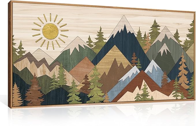 Large Abstract Mountain Woodcut Framed Canvas Wall Art,Vintage Pine Tree Wall Decor,Rustic Nature Forest Painting,Neutral Artwork for Living Room,Bedroom,Dining Room,Farmhouse - 20"x40"x1