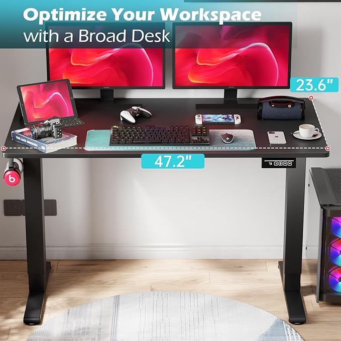 PayLessHere Electric Standing Desk 48x24 Inch Height Adjustable Desk Large Space Office Computer Desk with Headphone Holder 2 Memory Function for Home Office,Black