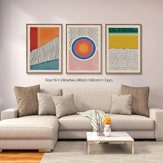 myusuar 3 Piece Large Modern Abstract Canvas Framed Wall Art For Living Room, Midcentury Minimalist Boho Wall Art Decor Posters Prints For Bedroom Office, 16x24in