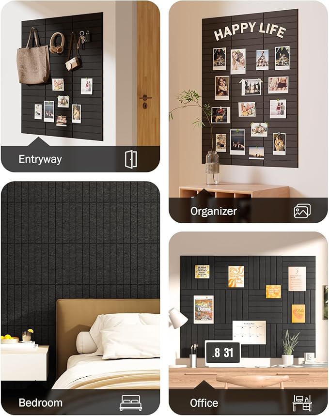 Large Cork Board, 48" X 36" Bulletin Board, 12 Pack Felt Pin Boards Cork Boards for Walls Office Home Decor, Classroom with 60 Safe Removable Adhesive Tabs Black