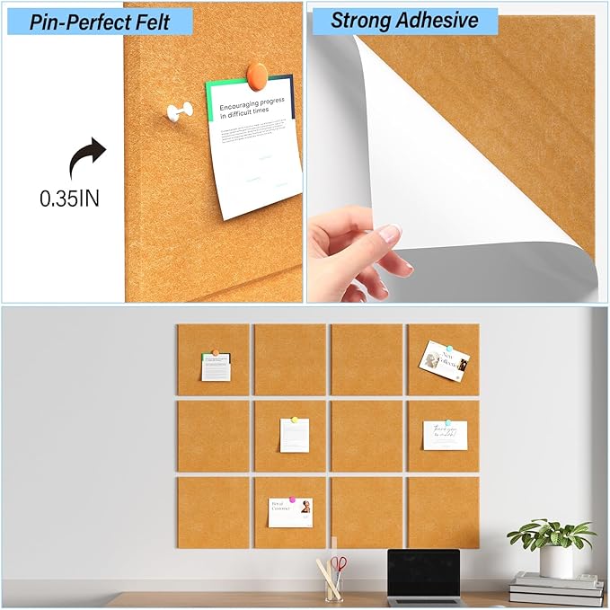 Large Cork Boards for Walls – 36" x 24" Self Adhesive Felt Wall Tiles, Ideal for Office Bulletin Board, Easy to Install Pin Board Photo Board