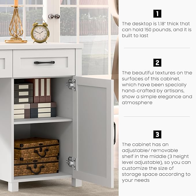 Farmhouse 47" Executive Desk, Computer Desk with Drawers and Storage Cabinet, Workstation Computer Desk for Home Office, Study.Cream White