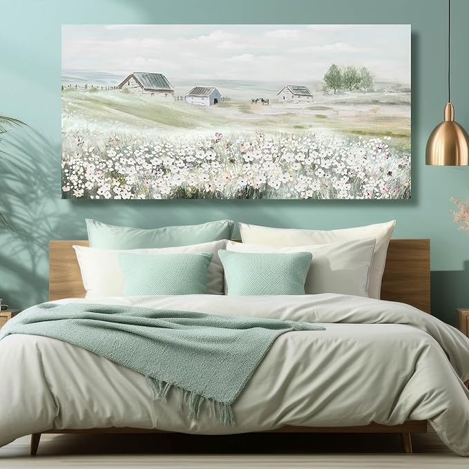 Large Framed Wall Art for Living Room - Grassland Landscape Home Wall Decor - Vintage Neutral Canvas Pictures for Bedroom 29"x 58" Office Wall Hanging