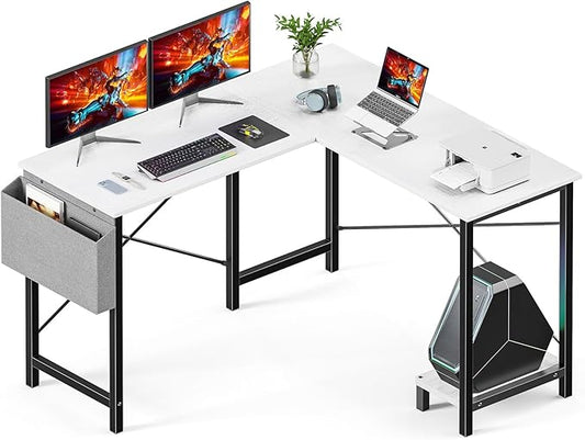 DUMOS L Shaped Desk Computer Gaming Corner Table 50 Inch Home Office Writing Student Work PC Workstation with Side Storage Bag CPU Stand for Bedroom Small Spaces