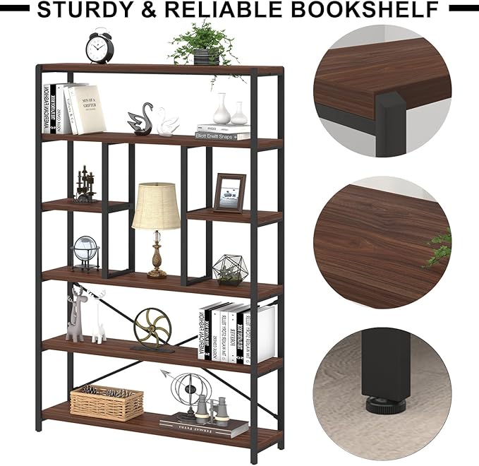 LVB 6 Tier Tall Bookshelf, Wood Metal Bookcases and Book Shelves 6 Shelf, Industrial Large Wide Etagere Book Shelf for Living Room, Vintage Rustic Big Open Bookcase Storage for Bedroom Office, Walnut