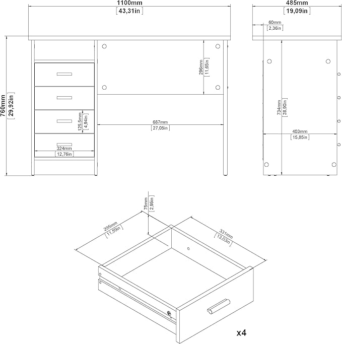 Tvilum 4-Drawer Desk, Modern White Office Writing Desk with Storage, Compact and Functional Desk for Home or Office