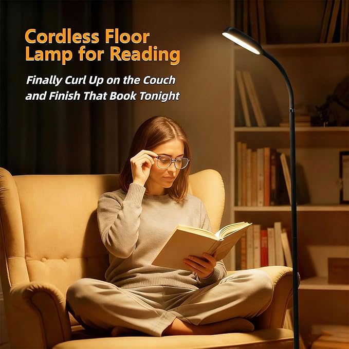 Cordless Portable Floor Lamp, Adjustable Gooseneck with Touch Switch, 3 Color Modes, Lightweight & Rechargeable for Living Room, Bedroom, Office, Reading, Camping, RV, Piano, Indoor Outdoor- Black