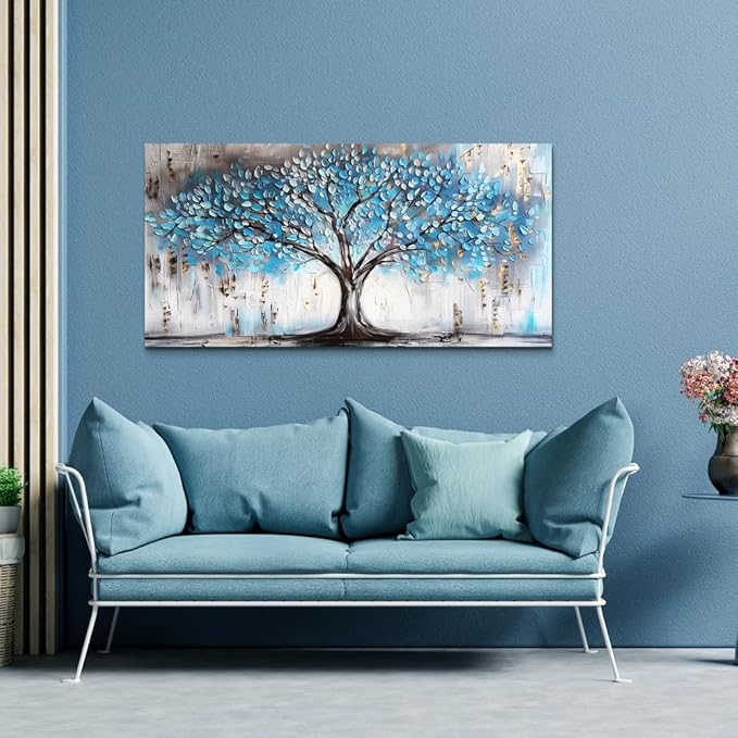 Wapluam Wall Art For Living Room Farmhouse Large Decoration For Bedroom Office Pictures Artwork Wall Decor Tree Abstract Canvas prints Wall Paintings Blue Modern Poster Home Decorations 24"X48"