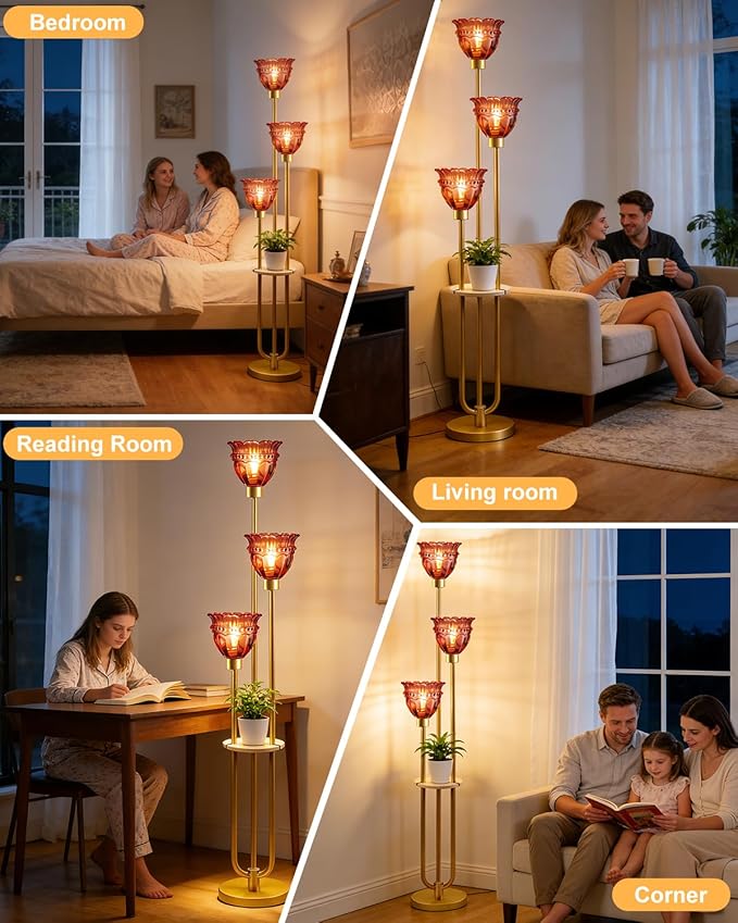 Lightdot 3-Lights Glass Floor Lamp for Living Room Modern Dimmable Gold Floor Lamp with Rose Red Glass Shade & 3000K Bulbs Included Tall Standing Lamp for Bedroom/Sofa Beside/Corner Decor