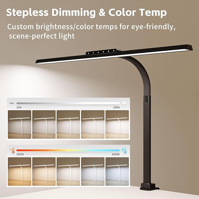 Architect Desk Lamp with Clamp, Eye-Caring Clip on Desk Lights for Home Office, Touch Control Dimmable LED Computer Light with Color Changing, 24W Bright Desktop Lamp for Drawing Crafts, Black