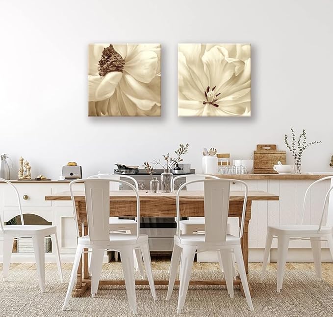 SEVEN WALL ARTS Flower Canvas Wall Art 2 Pieces Neutral Beige Floral Pictures Elegant Blossom Flowers Poster Print for Living Room Bedroom Office Boho Decor 24"x24"