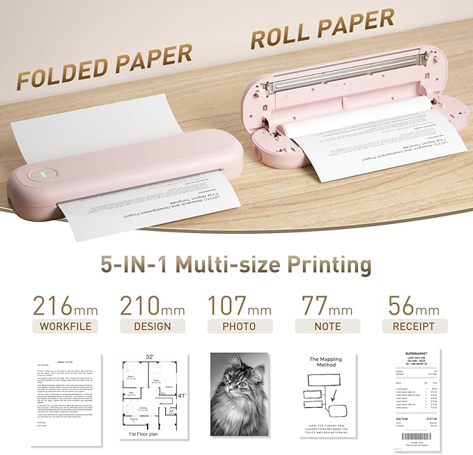Bisofice A4 Portable Thermal Printer Wireless&USB Connect with Mobile Computer 50mm/56mm/77mm/107mm/210mm/216mm(2in/3in/4in/8in/8.5in) US Letter A5 Paper Size for Office School