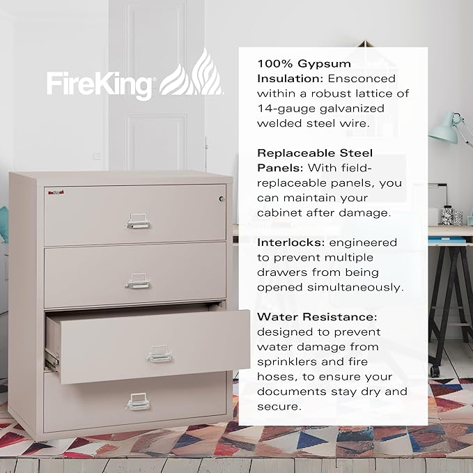 FireKing Fireproof Lateral File Cabinet (4 Drawers, Impact Resistant, Water Resistant), 44" W x 22" D, Platinum, Made in USA