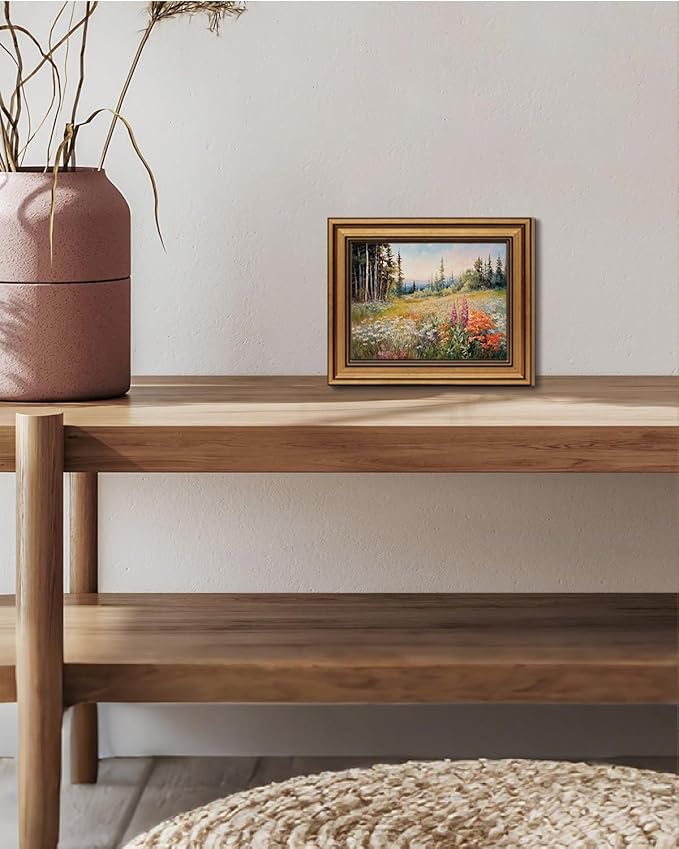 Gold Framed Wall Art Vintage Floral Canvas Wall Art Wildflower Field Rustic Landscape Sunset Sky Artwork Prints Picture for Living Room Bedroom Farmhouse Bathroom Office Decor, 8x10