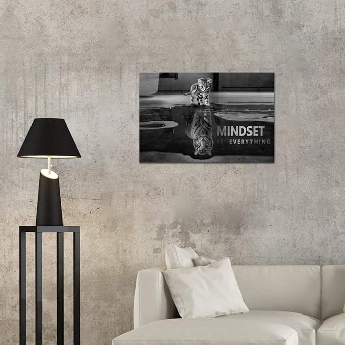 Motivational Posters Inspirational Wall Art Black and White Canvas Painting Mindset is Everything Pictures Inspiring Entrepreneur Quotes Framed Prints Artwork Office Living Room Home Decor (12”Hx16”W)