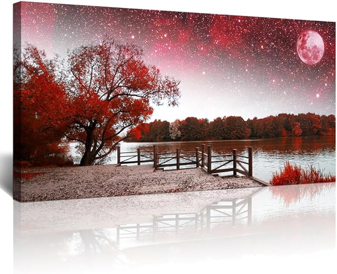 Lapremoly Large Canvas Wall Art For Living Room Modern Wall Decor For Bedroom Red Tree Landscape Wall Paintings Starry Sky Wall Pictures Framed Prints Artwork Office Decor Room Home Decor 24X48 inch
