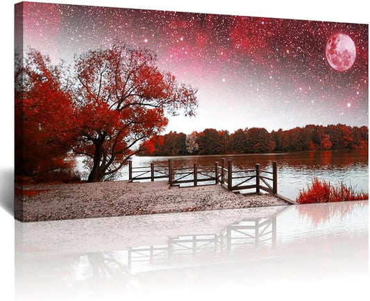 Lapremoly Large Canvas Wall Art For Living Room Modern Wall Decor For Bedroom Red Tree Landscape Wall Paintings Starry Sky Wall Pictures Framed Prints Artwork Office Decor Room Home Decor 24X48 inch