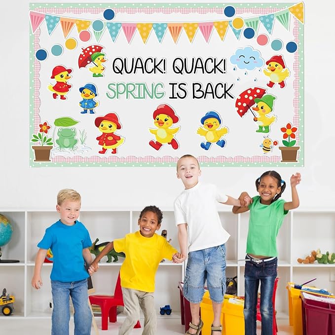 Quark Quark Spring is Back Bulletin Board Spring Bulletin Board Decorations Set Yellow Duck Rainbow Umbrella Clouds Flowers Cutouts Back to School Supplies for Classroom Home Office Wall Door Decor
