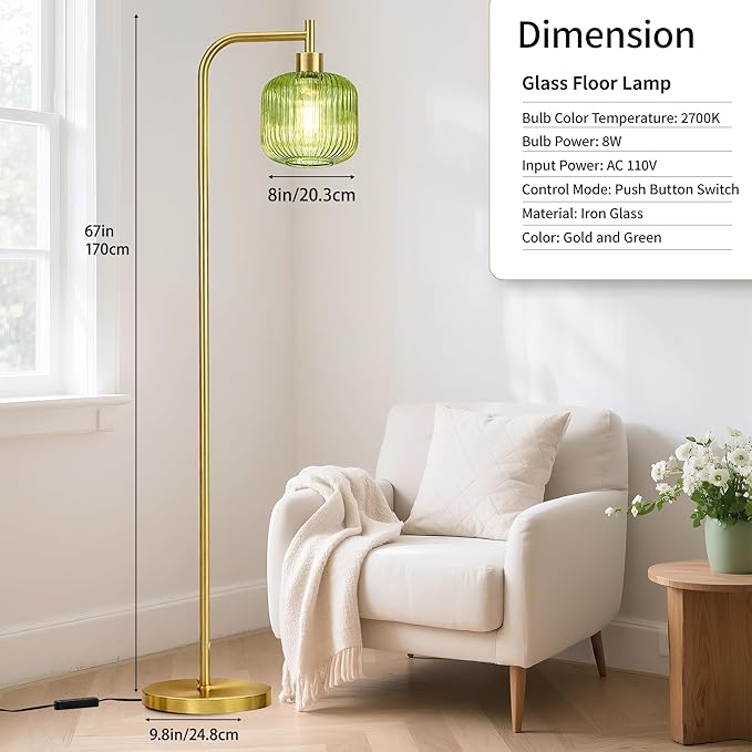 MAYNA Mid Century Modern Floor Lamp, Emerald Green Ribbed Glass Standing Lamp with Built-in Timer Switch, Gold Tall Vintage Lamps for Living Room Bedroom, 2700K LED Bulb Included