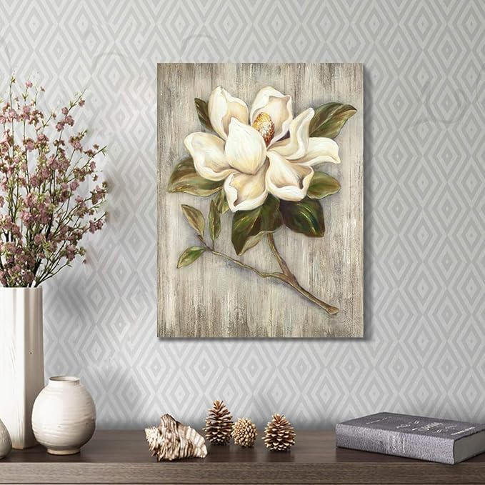 UTOP-art Floral Canvas Wall Art Painting White Rose Flower Green Leaves Hand Painted Texture Picture Artwork For Bedroom plant wall decor Bathroom Walls (18'' x 24'' x 1 Panel)