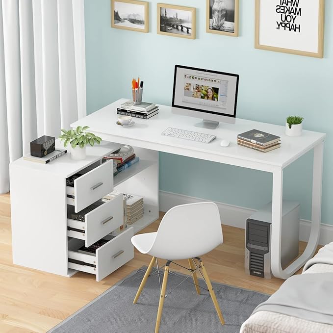 FUFU&GAGA 55.1" Large L-Shaped Office Desk with 41.3" File Cabinet, Corner Computer Desk with 3 Drawers & 2 Shelves, Workstation Executive Desk with Storage Shelf for Home Office, White