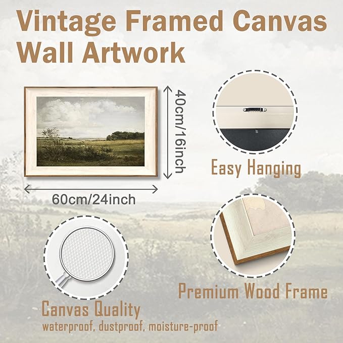 ASTRDECOR Framed Canvas Wall Decor for Bedroom, Vintage Nature Wall Art for Home Decor Aesthetic, Mountain Pictures Green Wall Decor Living Room, Meadow Oil Painting Landscape Wall Art Prints-16''x24''