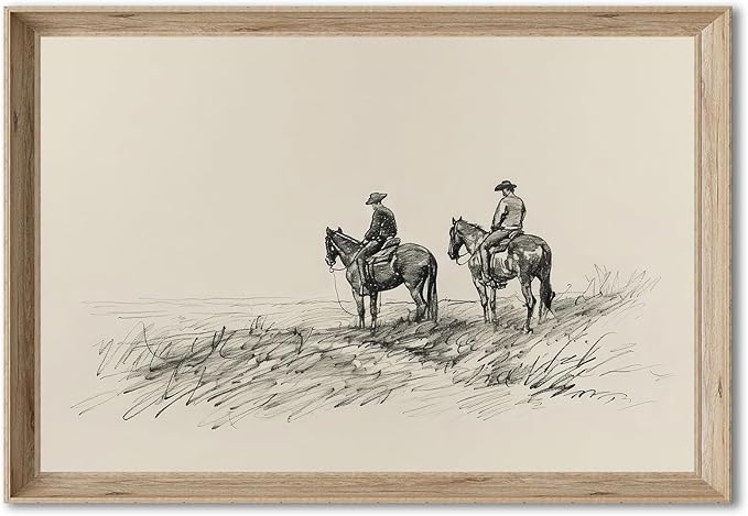 Vintage Cowboys on Horses Sketch Canvas Print Neutral Western Wall Art Farmhouse Wall Decor Rustic Country Art Poster Trendy Eclectic Vintage Artwork Prints for Living Room Dorm Office Decor, Unframed