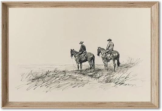 Vintage Cowboys on Horses Sketch Canvas Print Neutral Western Wall Art Farmhouse Wall Decor Rustic Country Art Poster Trendy Eclectic Vintage Artwork Prints for Living Room Dorm Office Decor, Unframed