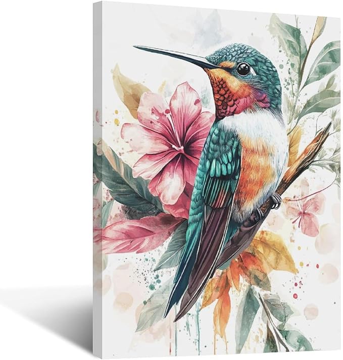 Watercolor Hummingbird Wall Art Country Flower Bird Pictures Wall Decor Colorful Canvas Painting Modern Home Artwork Decorations for Bathroom Bedroom Living Room Office Framed 16"x24"