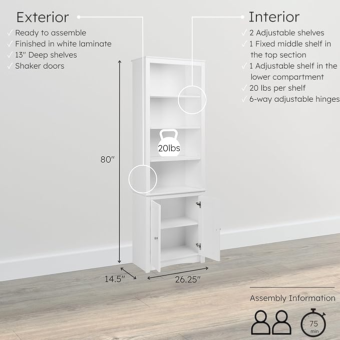 Prepac Sonoma Tall 6-Tier Bookcase 80"H with Doors & 2 Adjustable Shelves, White Storage Cabinet, Modern Display Cabinet, Bookshelf with Storage Shelves for Home Office, Living Room, Bedroom