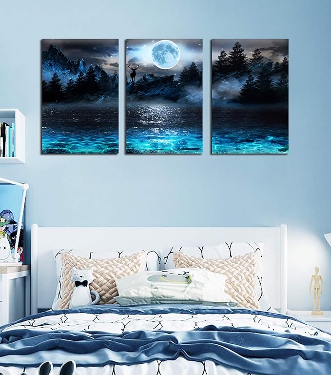 Aburaeart Moon - Deer Ocean Landscape Picture Wall Art For Living Room & Bedroom - 3 Piece Canvas Wall Decor - 16x24 Each Panel