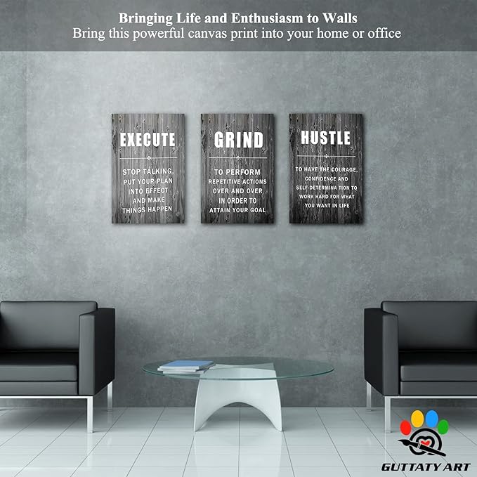 Office Wall Art - 3 Panel Motivational Wall Art, Inspirational Quotes Canvas Art for Home Office Wall Decor, Positive Quotes Wall Decor, Entrepreneur Grind Hustle Execution Poster Frame (16”x24”x3Pcs)