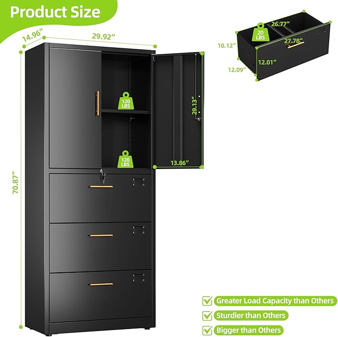 Office File Cabinet with 3 Drawers,Metal Filing Cabinet with Doors for Home Office School for Hanging Letter/Legal/F4/A4 Size Folders,Required Assembly,Black