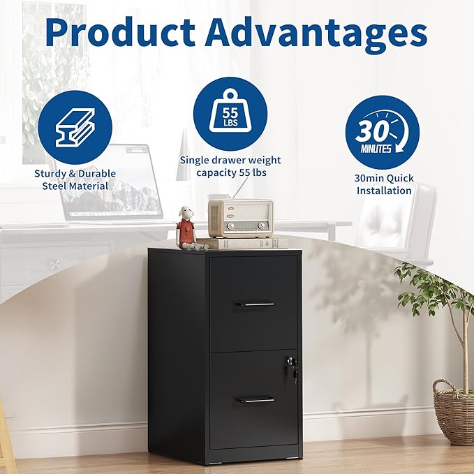 2 Drawer File Cabinet with Lock, Metal Filing Cabinet for Home Office, Vertical File Cabinet for Letter/Legal/A4/F4 Documents, Easy to Assemble Steel Storage Cabinet